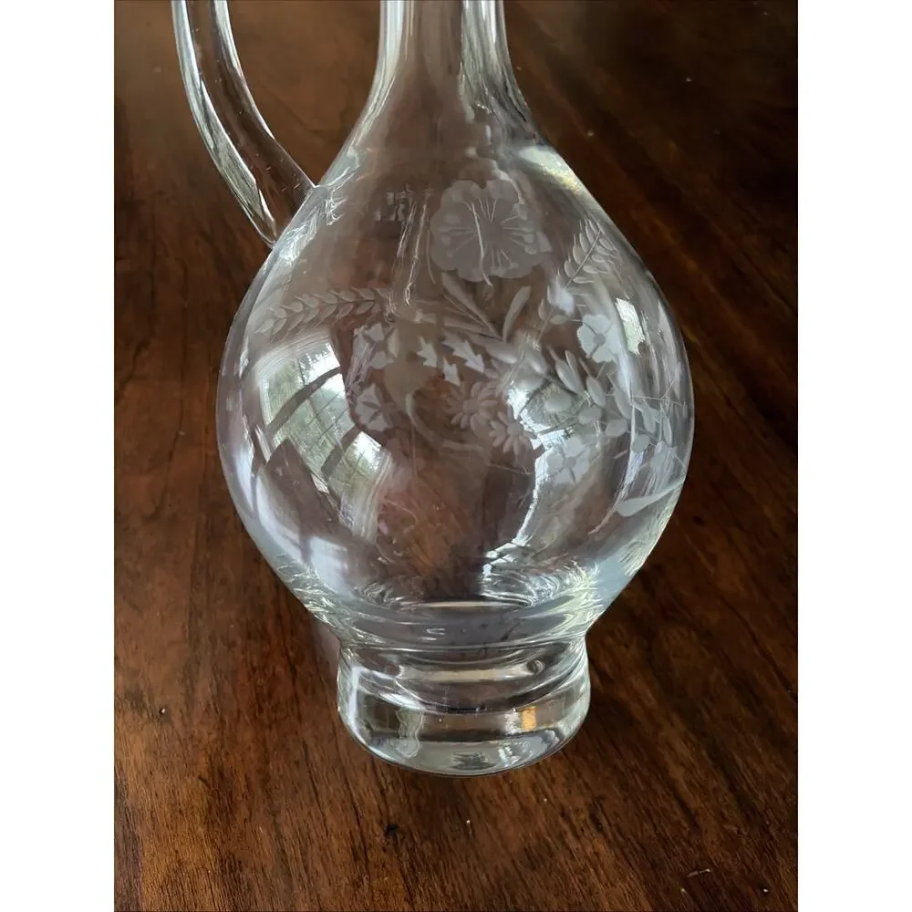 Vintage Art Glass Wine Floral Etched Decanter